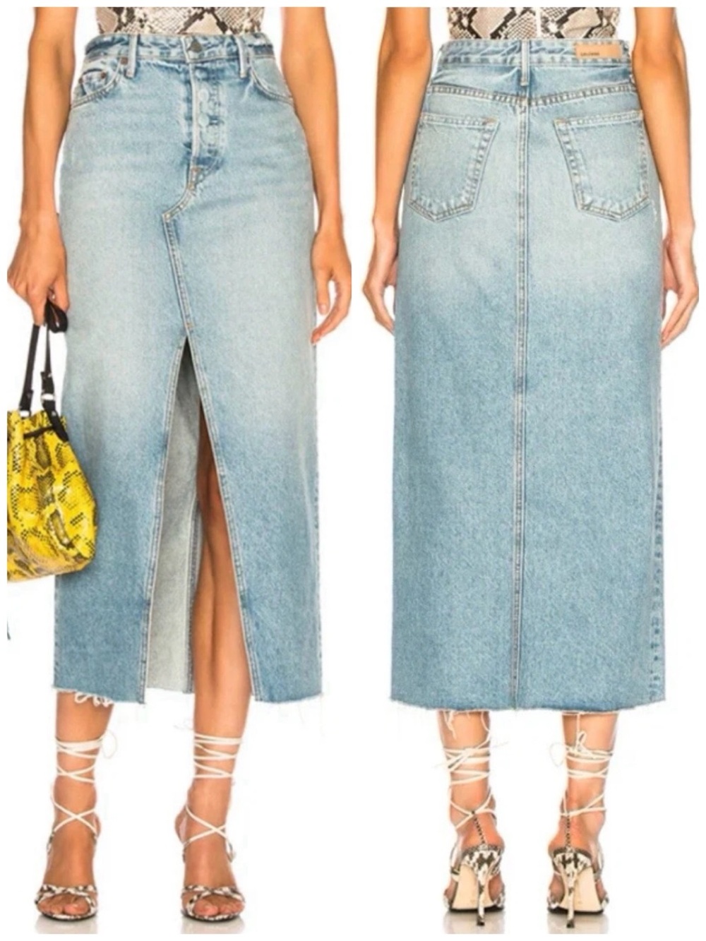 GRLFRND Light Wash Gwen Isla High Rise Midi Slit Denim Skirt Size 26 Y2K Offduty